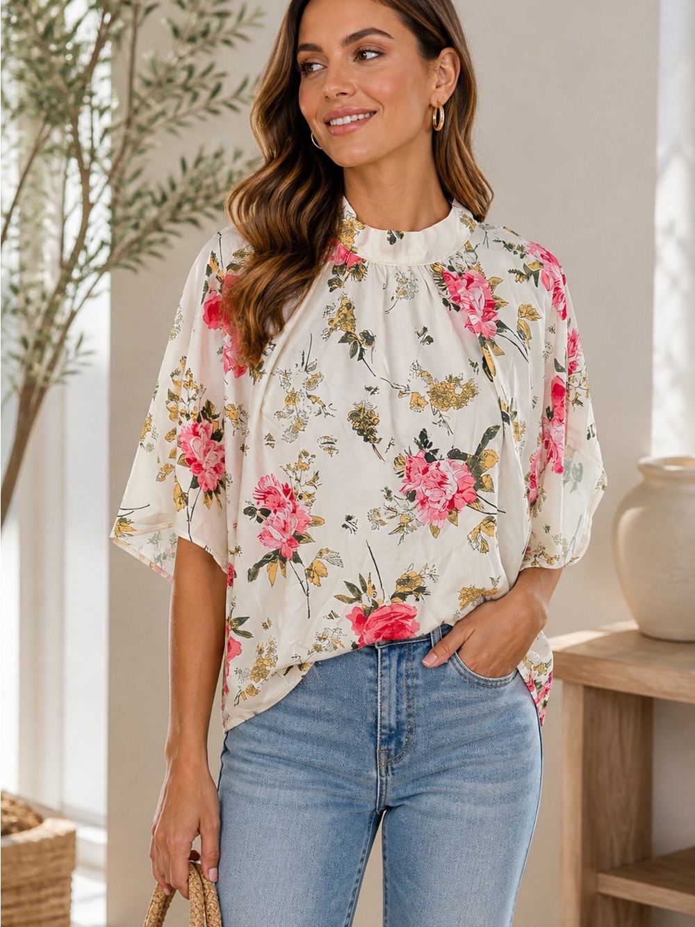 Floral Boho Blouse Cream Pink High Neck Flowy Top Keyhole Back Boutique Style